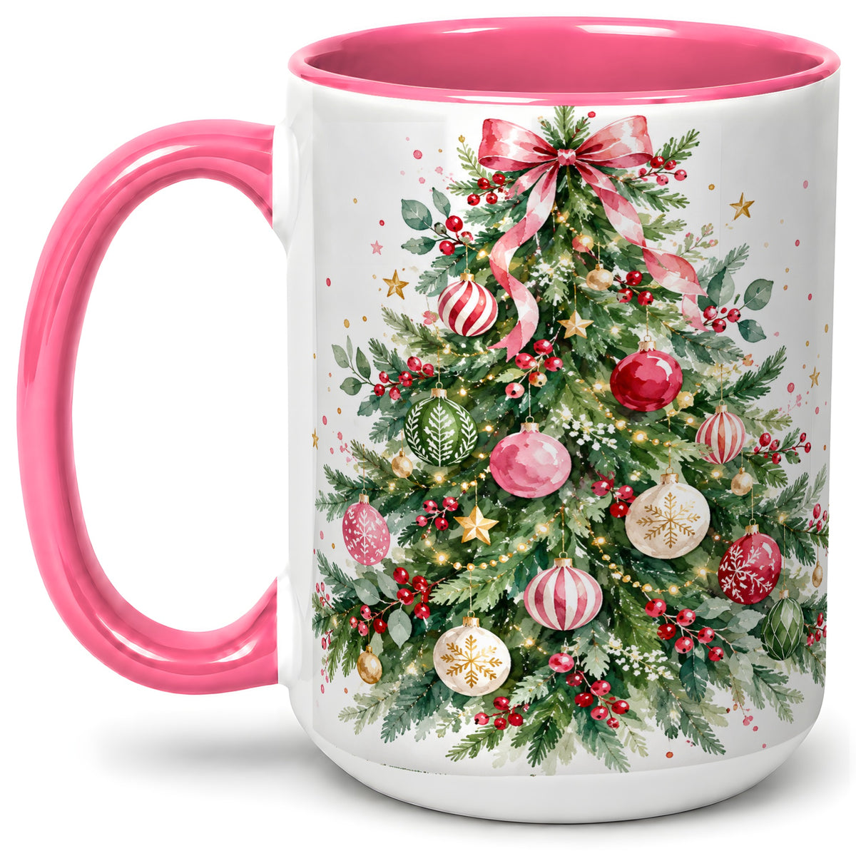 #pl[15oz|Pink] Watercolor Christmas Tree Ceramic Mug, Pink Bow Holiday Artwork