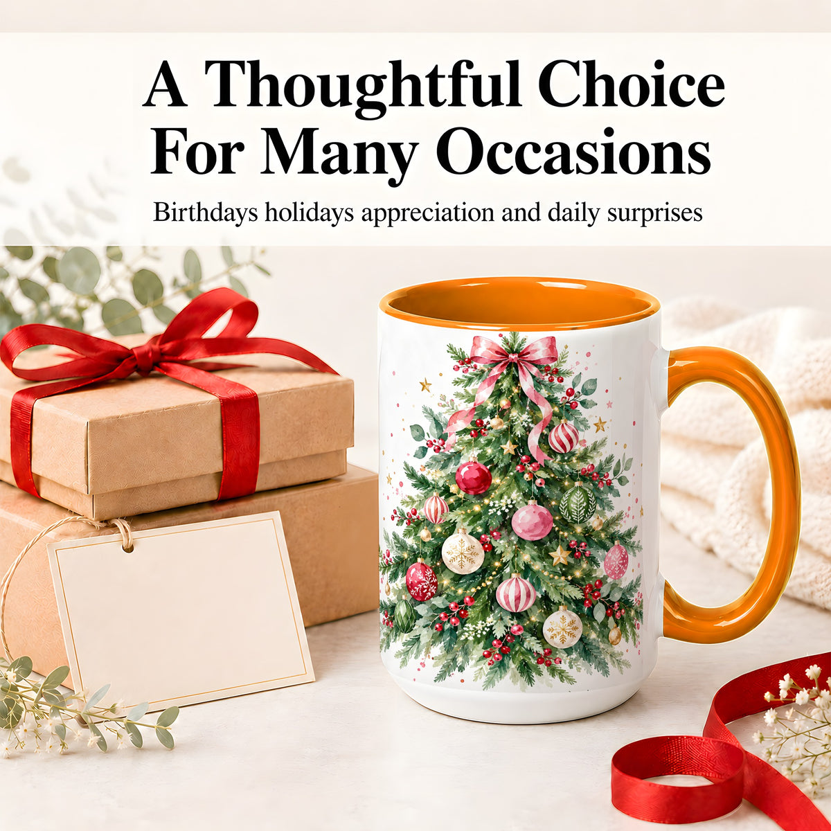 #pl[15oz|Orange] Watercolor Christmas Tree Ceramic Mug, Pink Bow Holiday Artwork