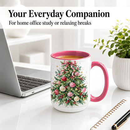 #pl[15oz|Pink] Watercolor Christmas Tree Ceramic Mug, Pink Bow Holiday Artwork