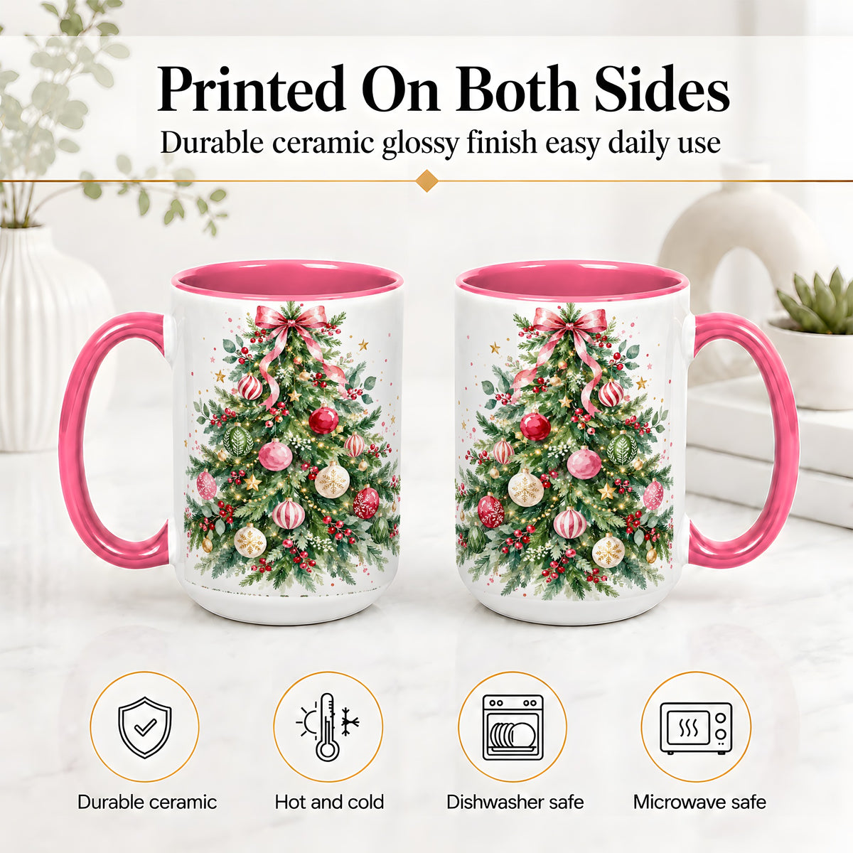 #pl[15oz|Pink] Watercolor Christmas Tree Ceramic Mug, Pink Bow Holiday Artwork