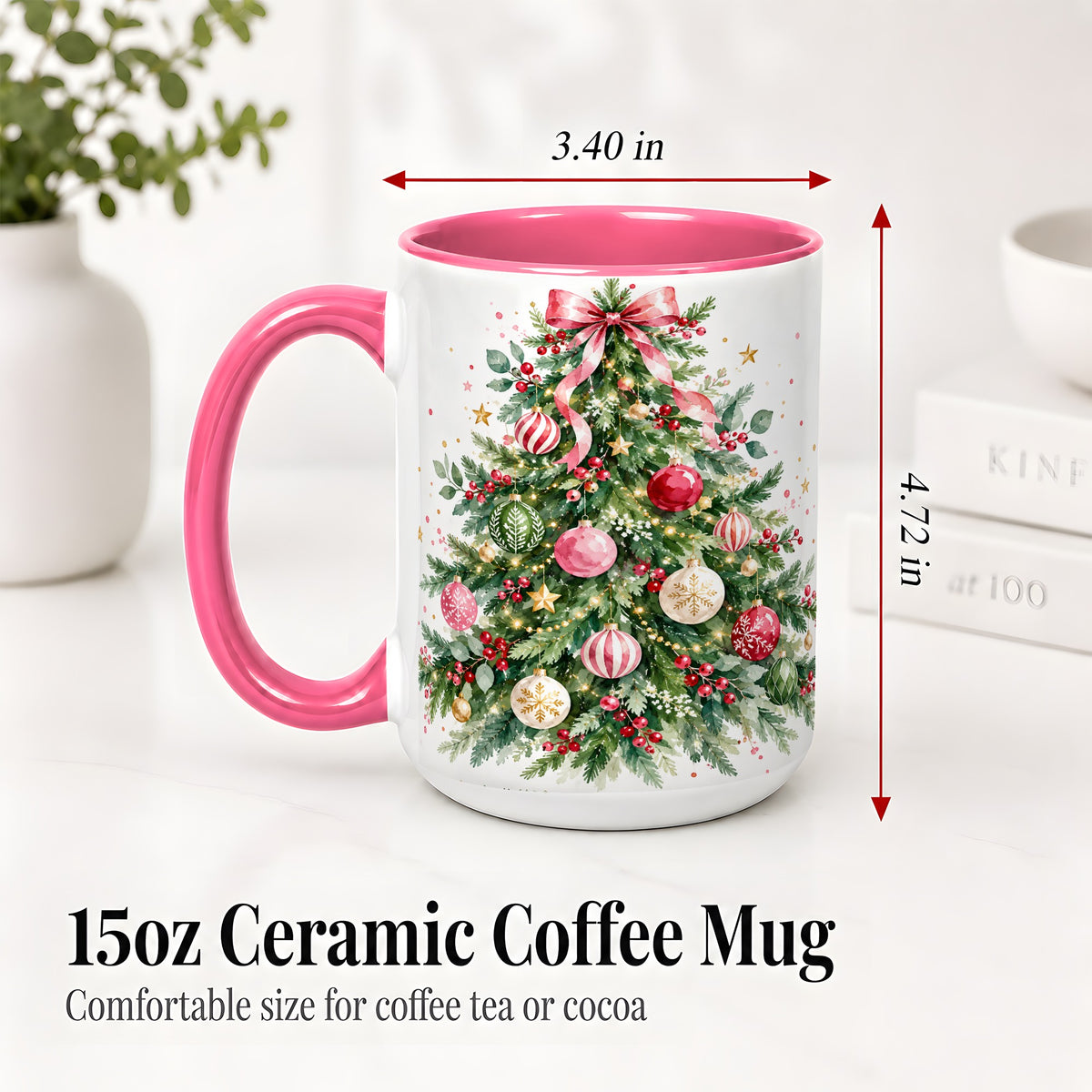 #pl[15oz|Pink] Watercolor Christmas Tree Ceramic Mug, Pink Bow Holiday Artwork