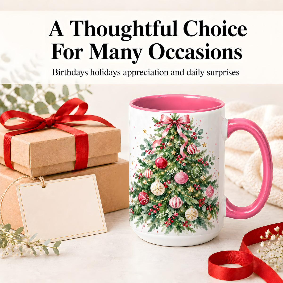 #pl[15oz|Pink] Watercolor Christmas Tree Ceramic Mug, Pink Bow Holiday Artwork