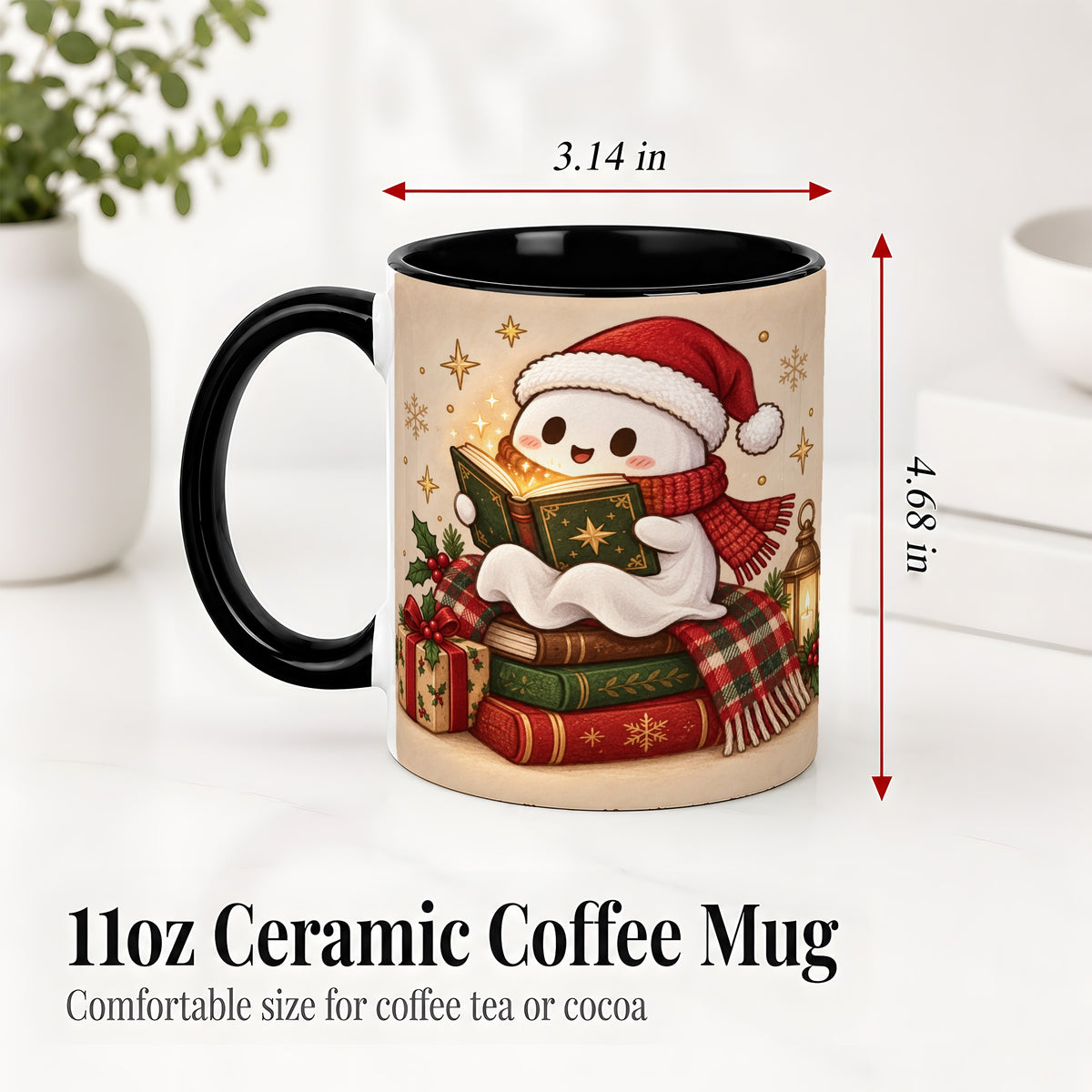 #pl[11oz|Black] Christmas Ghost Reading Ceramic Mug, Cozy Holiday Book Artwork