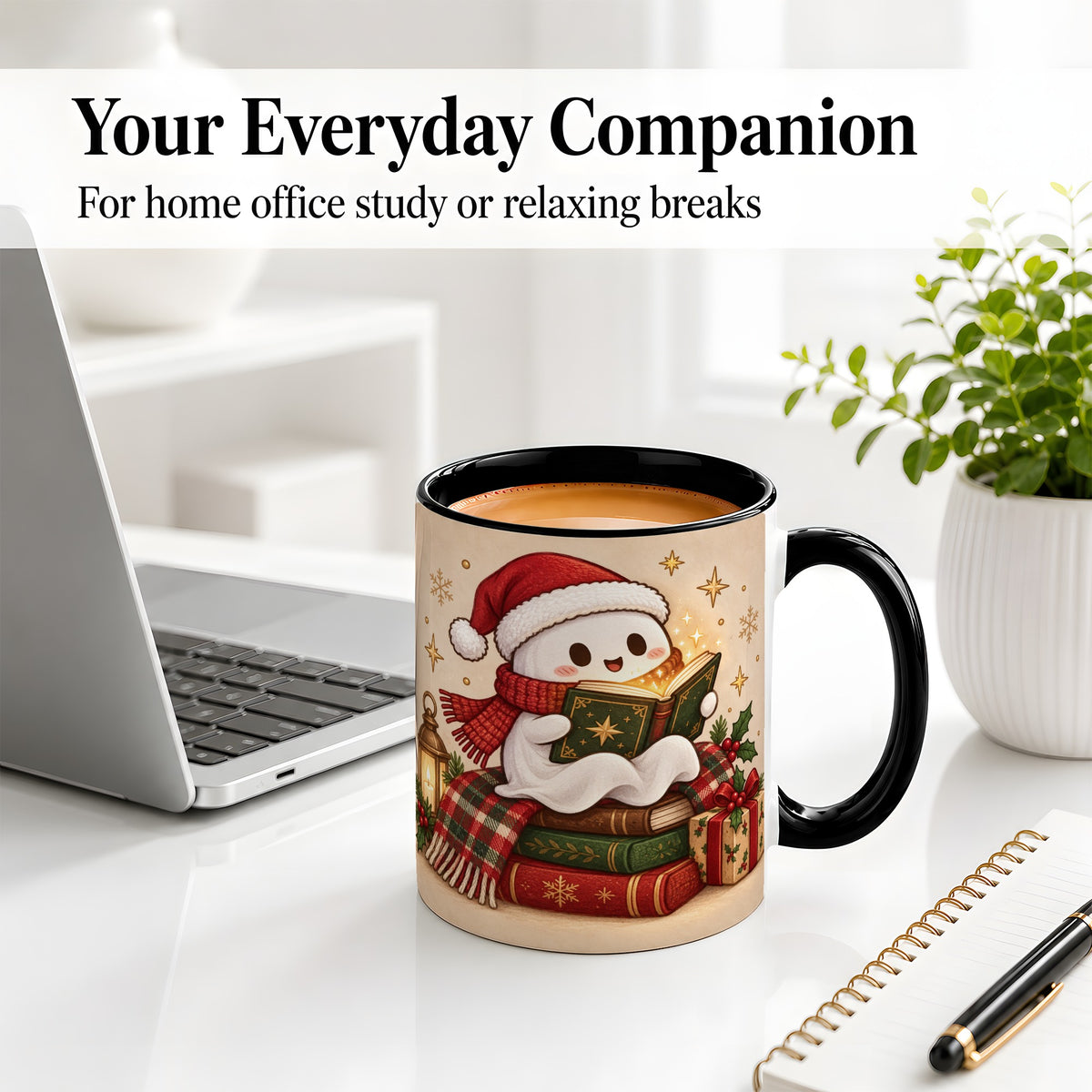 #pl[11oz|Black] Christmas Ghost Reading Ceramic Mug, Cozy Holiday Book Artwork