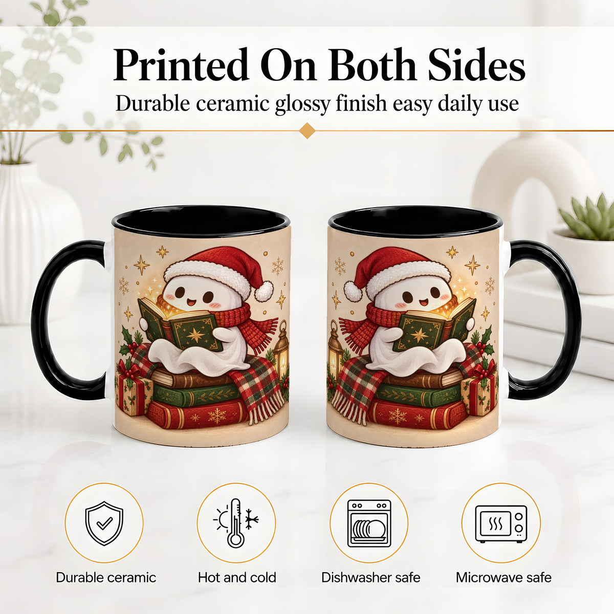 #pl[11oz|Black] Christmas Ghost Reading Ceramic Mug, Cozy Holiday Book Artwork