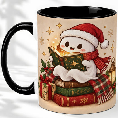 #pl[11oz|Black] Christmas Ghost Reading Ceramic Mug, Cozy Holiday Book Artwork