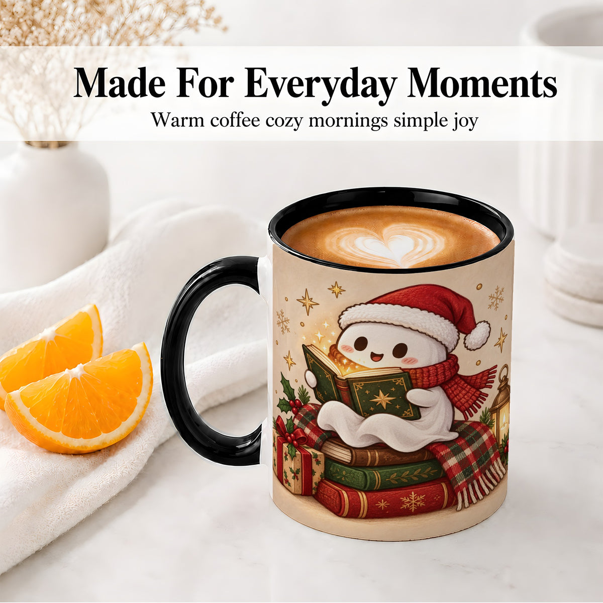 #pl[11oz|Black] Christmas Ghost Reading Ceramic Mug, Cozy Holiday Book Artwork