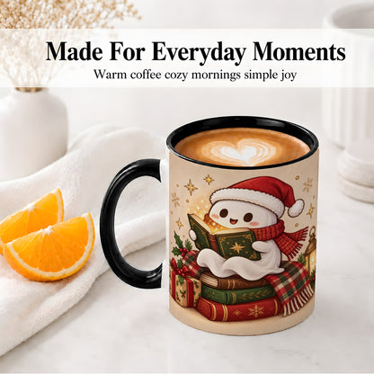 #pl[11oz|Black] Christmas Ghost Reading Ceramic Mug, Cozy Holiday Book Artwork