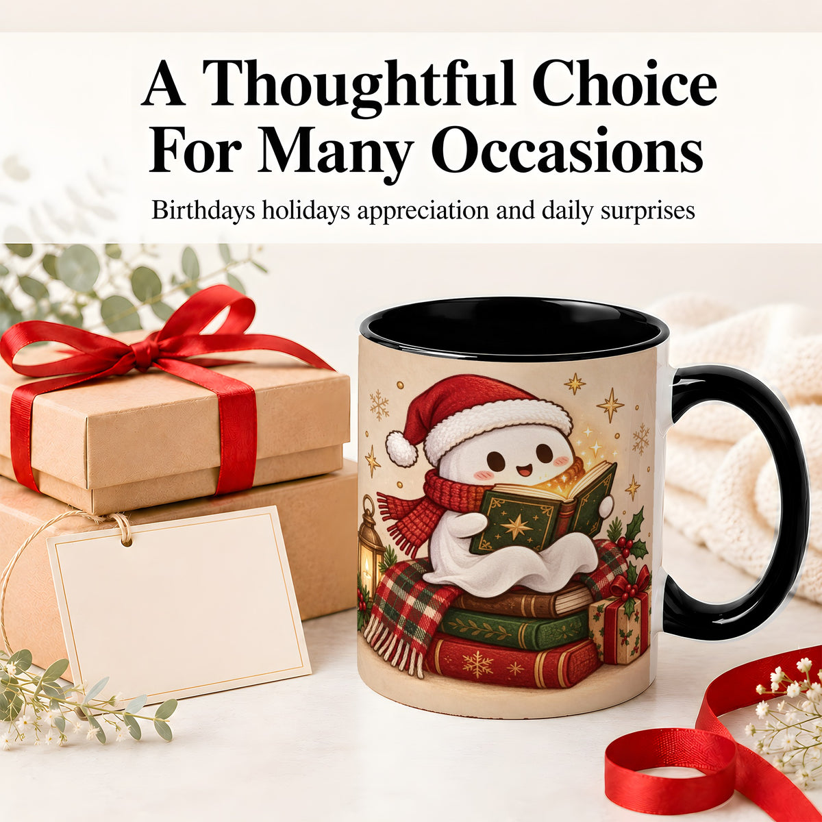 #pl[11oz|Black] Christmas Ghost Reading Ceramic Mug, Cozy Holiday Book Artwork