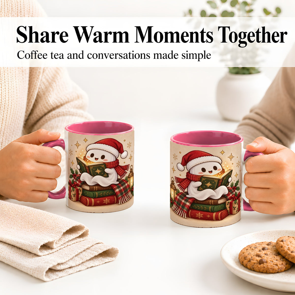 #pl[11oz|Pink] Christmas Ghost Reading Ceramic Mug, Cozy Holiday Book Artwork