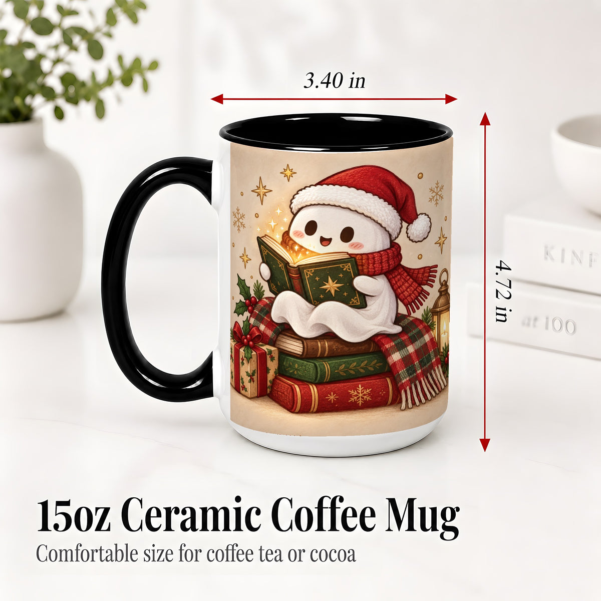 #pl[15oz|Black] Christmas Ghost Reading Ceramic Mug, Cozy Holiday Book Artwork