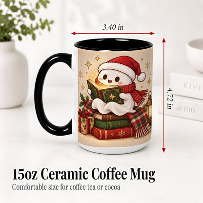 #pl[15oz|Black] Christmas Ghost Reading Ceramic Mug, Cozy Holiday Book Artwork