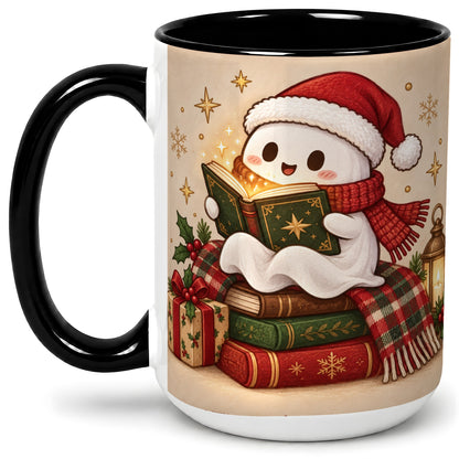 #pl[15oz|Black] Christmas Ghost Reading Ceramic Mug, Cozy Holiday Book Artwork