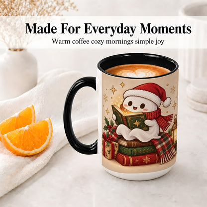 #pl[15oz|Black] Christmas Ghost Reading Ceramic Mug, Cozy Holiday Book Artwork