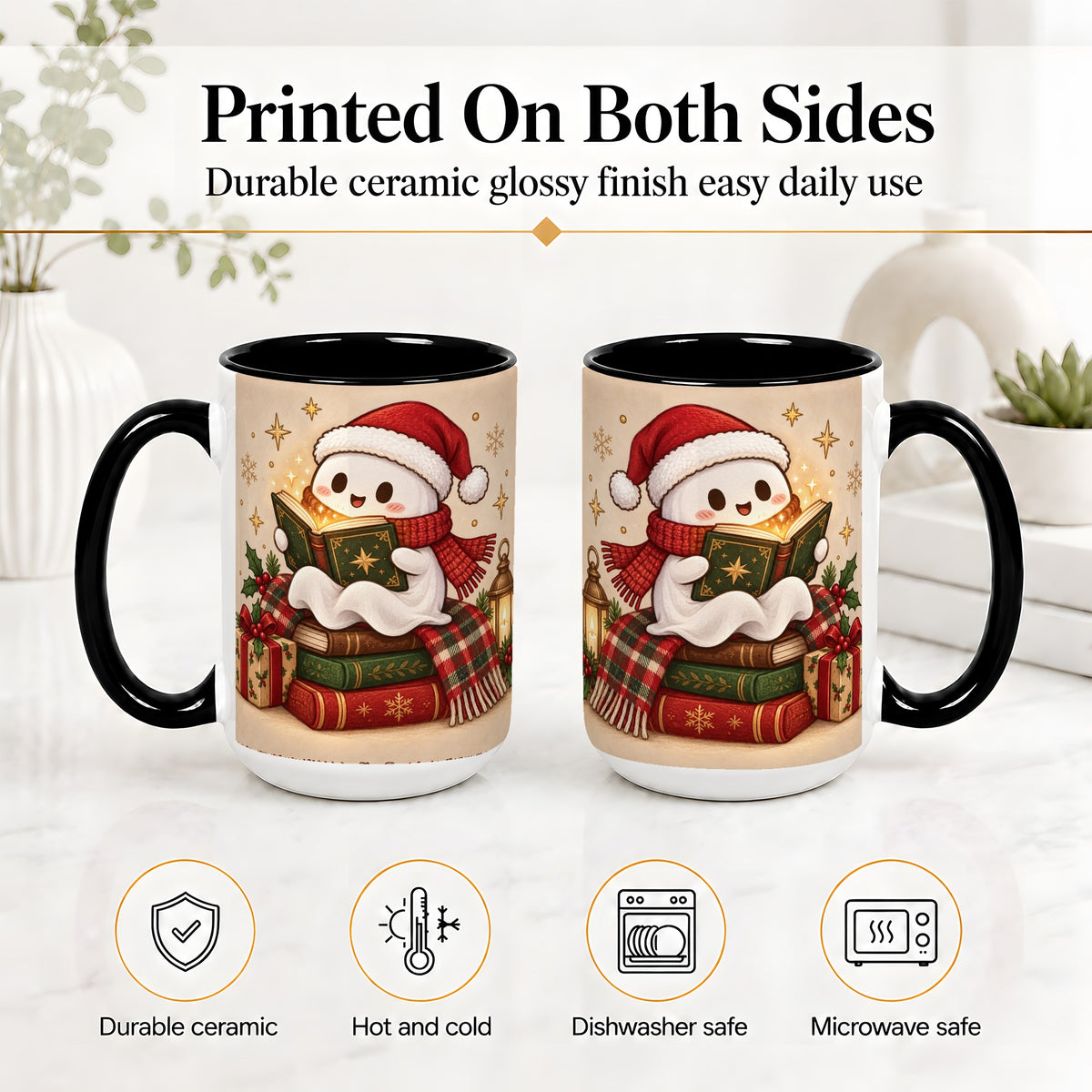 #pl[15oz|Black] Christmas Ghost Reading Ceramic Mug, Cozy Holiday Book Artwork