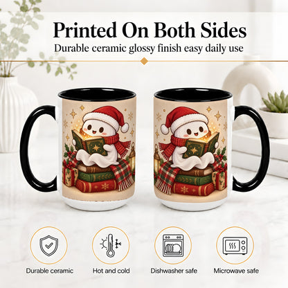 #pl[15oz|Black] Christmas Ghost Reading Ceramic Mug, Cozy Holiday Book Artwork