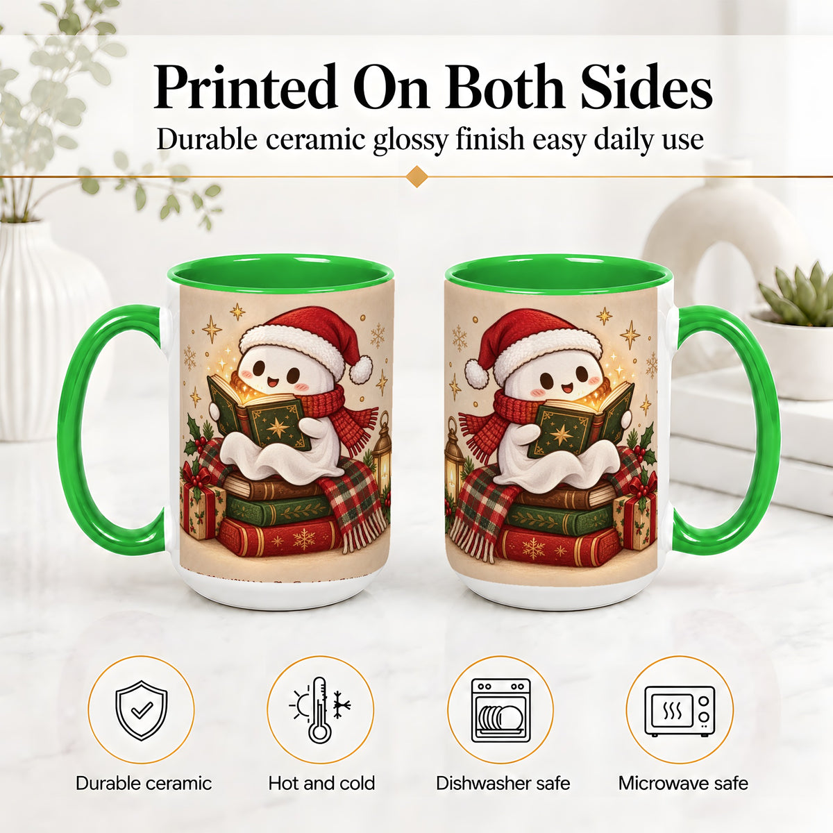 #pl[15oz|Green] Christmas Ghost Reading Ceramic Mug, Cozy Holiday Book Artwork