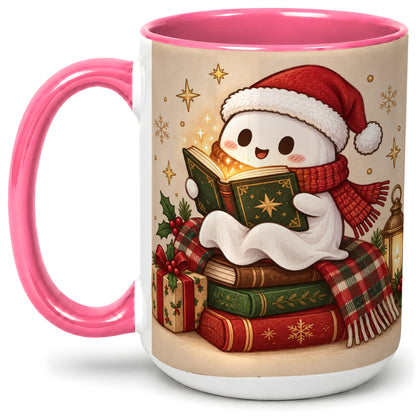 #pl[15oz|Pink] Christmas Ghost Reading Ceramic Mug, Cozy Holiday Book Artwork