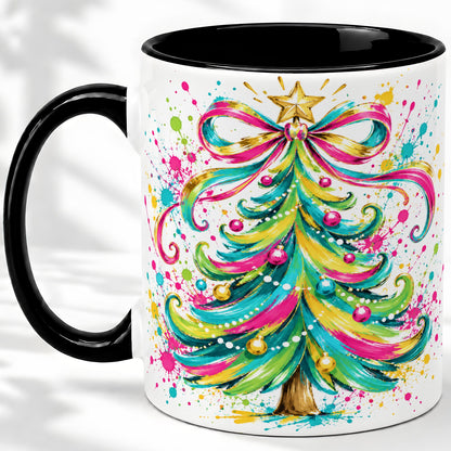 #pl[11oz|Black] Colorful Christmas Tree Ceramic Mug, Bright Paint Splash Artwork