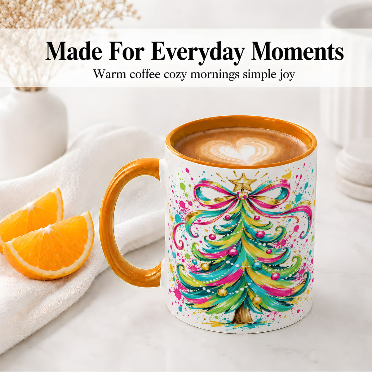 #pl[11oz|Orange] Colorful Christmas Tree Ceramic Mug, Bright Paint Splash Artwork