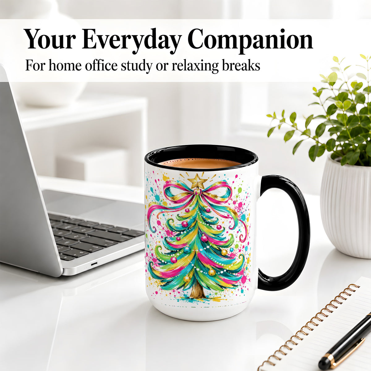 #pl[15oz|Black] Colorful Christmas Tree Ceramic Mug, Bright Paint Splash Artwork