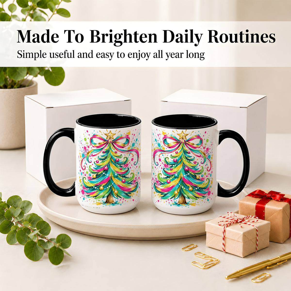 #pl[15oz|Black] Colorful Christmas Tree Ceramic Mug, Bright Paint Splash Artwork