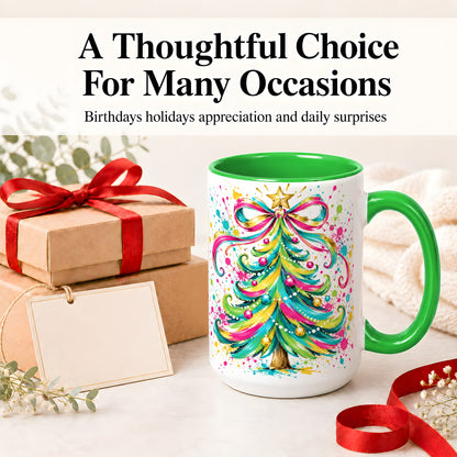 #pl[15oz|Green] Colorful Christmas Tree Ceramic Mug, Bright Paint Splash Artwork