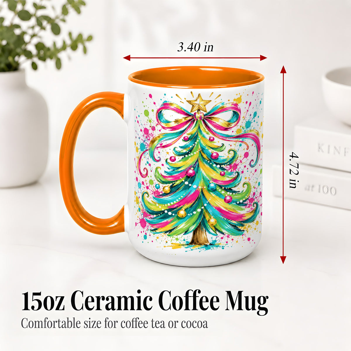 #pl[15oz|Orange] Colorful Christmas Tree Ceramic Mug, Bright Paint Splash Artwork