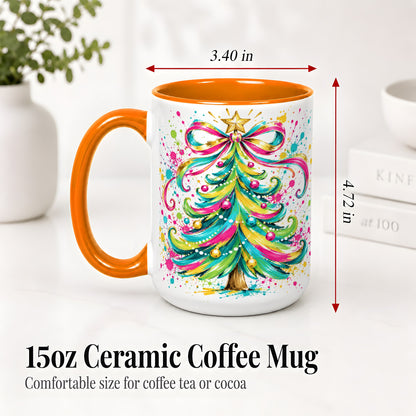 #pl[15oz|Orange] Colorful Christmas Tree Ceramic Mug, Bright Paint Splash Artwork