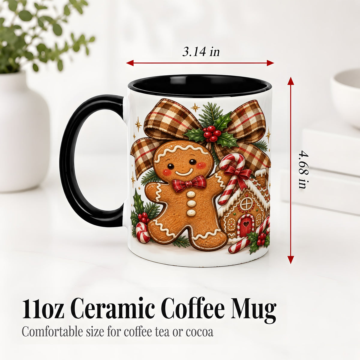 #pl[11oz|Black] Gingerbread Christmas Ceramic Mug, Cookie House Holiday Artwork