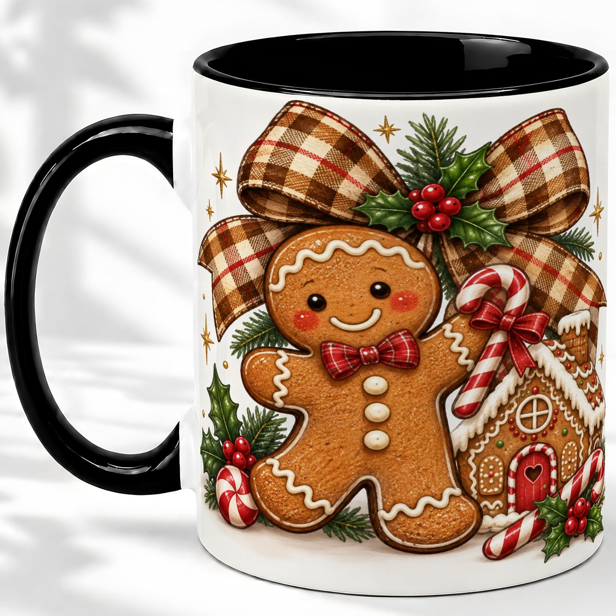 #pl[11oz|Black] Gingerbread Christmas Ceramic Mug, Cookie House Holiday Artwork