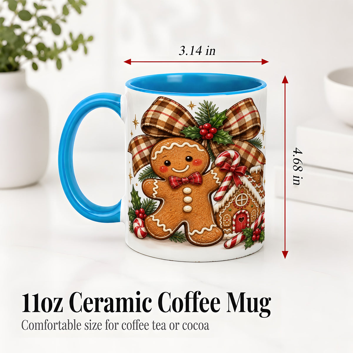 #pl[11oz|Blue] Gingerbread Christmas Ceramic Mug, Cookie House Holiday Artwork