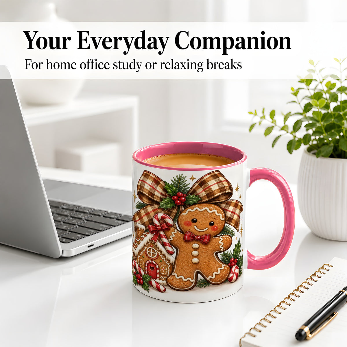 #pl[11oz|Pink] Gingerbread Christmas Ceramic Mug, Cookie House Holiday Artwork