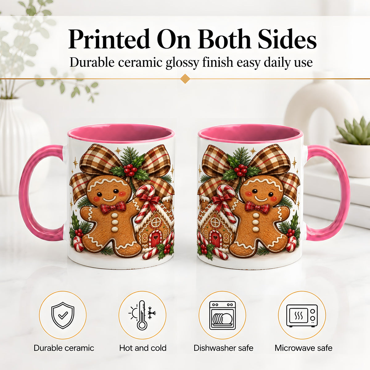 #pl[11oz|Pink] Gingerbread Christmas Ceramic Mug, Cookie House Holiday Artwork