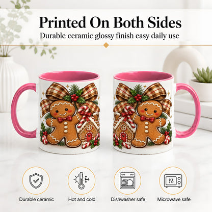 #pl[11oz|Pink] Gingerbread Christmas Ceramic Mug, Cookie House Holiday Artwork