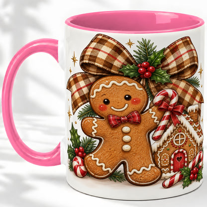 #pl[11oz|Pink] Gingerbread Christmas Ceramic Mug, Cookie House Holiday Artwork