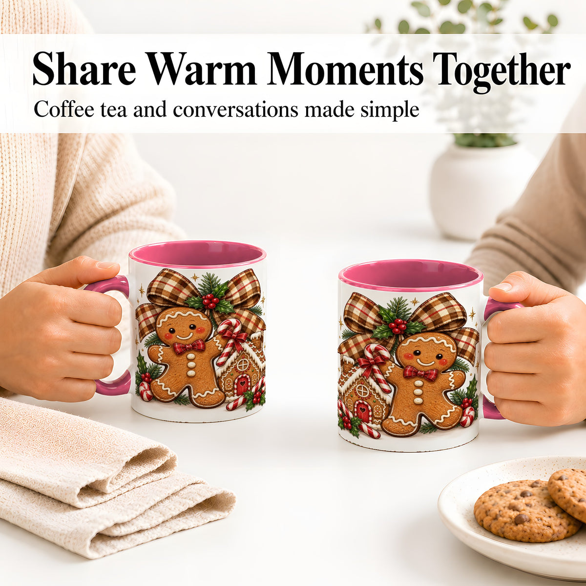#pl[11oz|Pink] Gingerbread Christmas Ceramic Mug, Cookie House Holiday Artwork