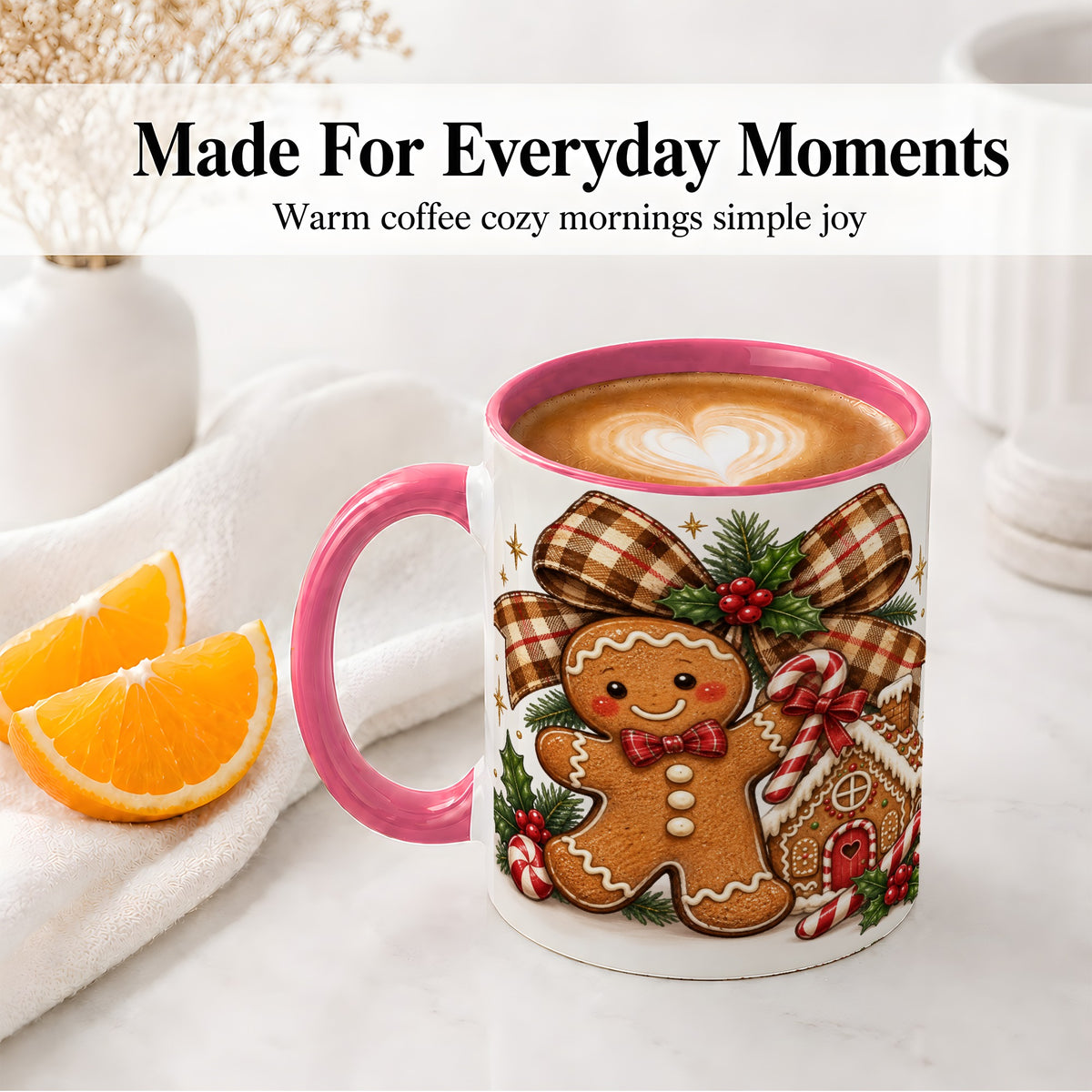 #pl[11oz|Pink] Gingerbread Christmas Ceramic Mug, Cookie House Holiday Artwork