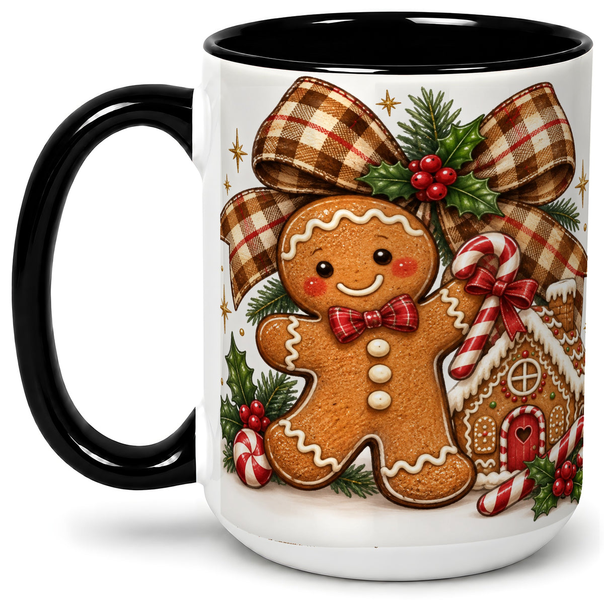 #pl[15oz|Black] Gingerbread Christmas Ceramic Mug, Cookie House Holiday Artwork