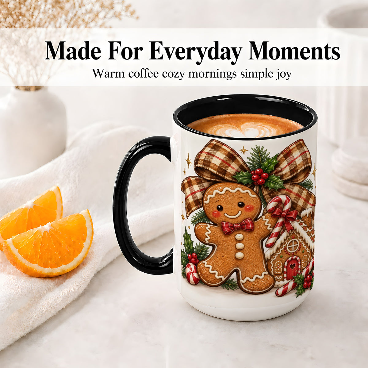 #pl[15oz|Black] Gingerbread Christmas Ceramic Mug, Cookie House Holiday Artwork