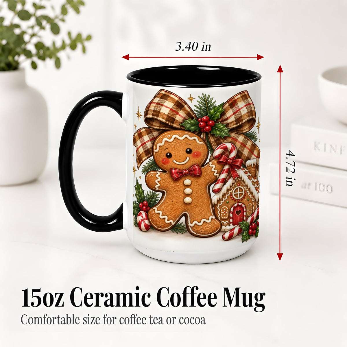 #pl[15oz|Black] Gingerbread Christmas Ceramic Mug, Cookie House Holiday Artwork
