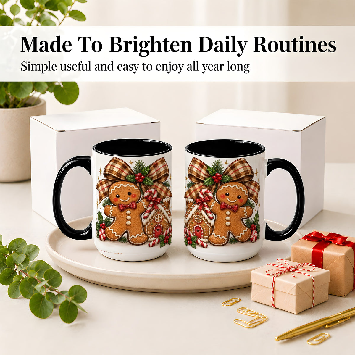 #pl[15oz|Black] Gingerbread Christmas Ceramic Mug, Cookie House Holiday Artwork