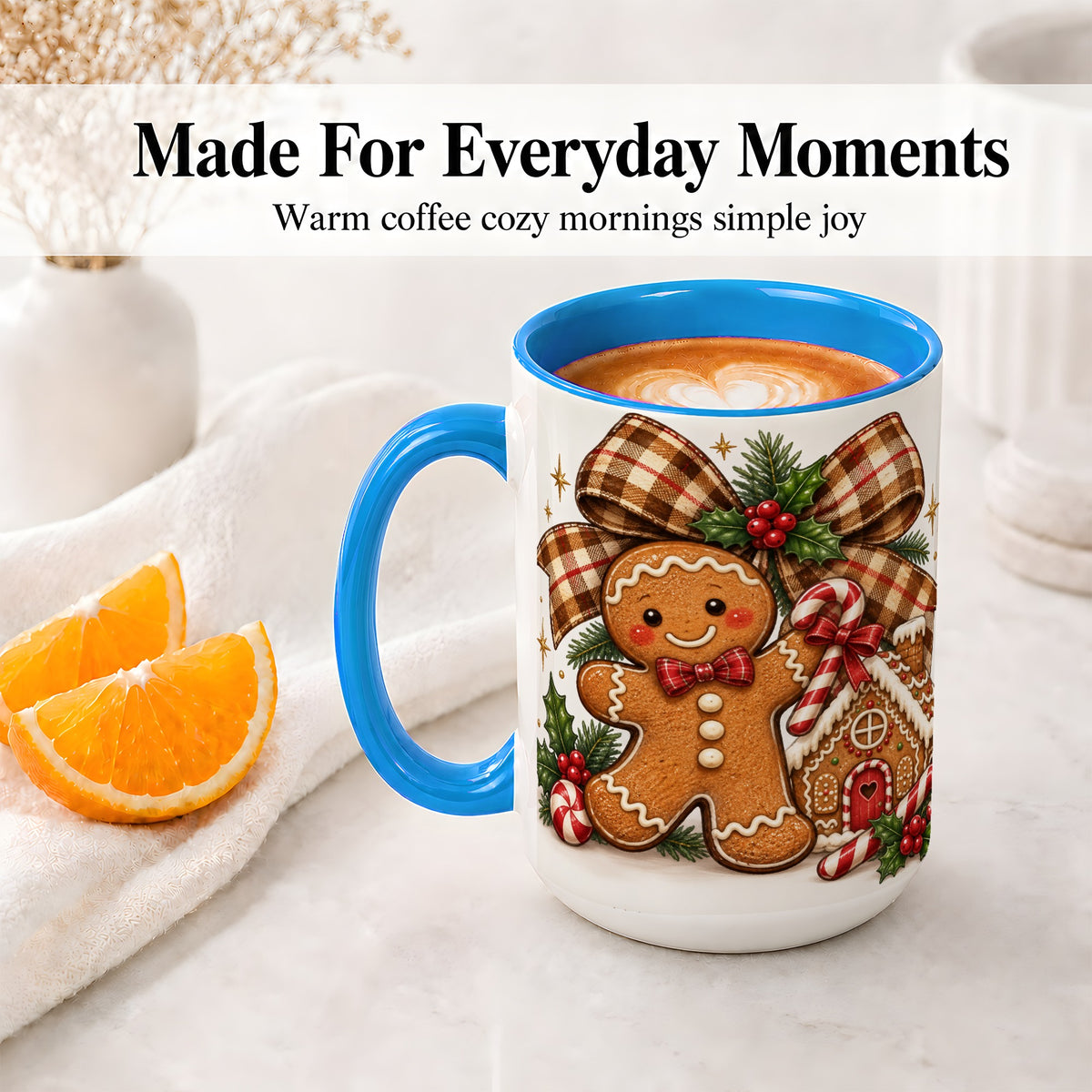 #pl[15oz|Blue] Gingerbread Christmas Ceramic Mug, Cookie House Holiday Artwork