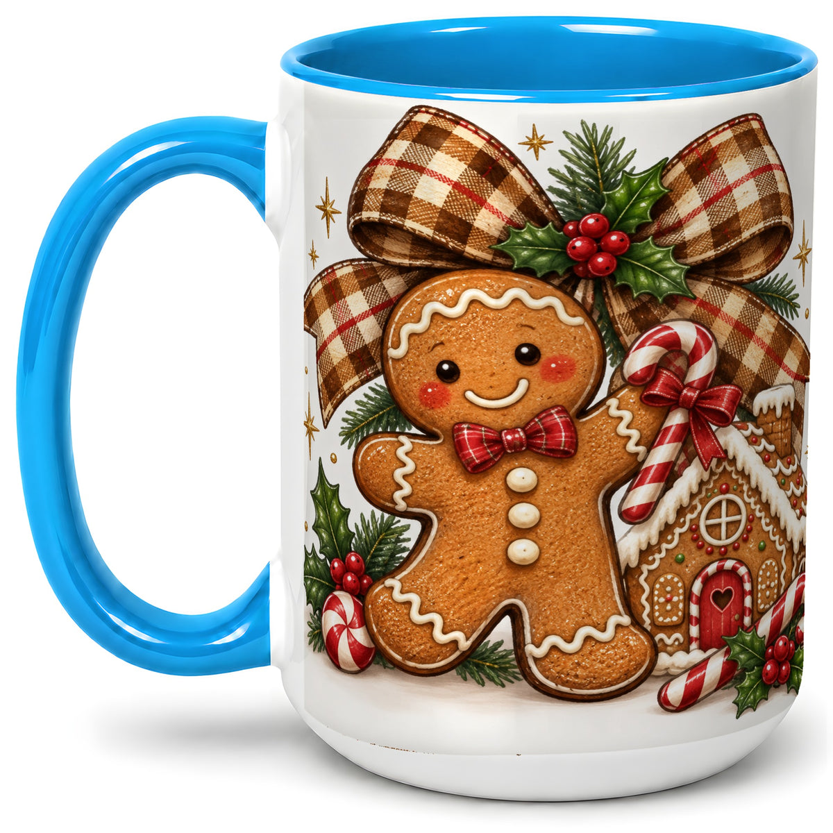 #pl[15oz|Blue] Gingerbread Christmas Ceramic Mug, Cookie House Holiday Artwork