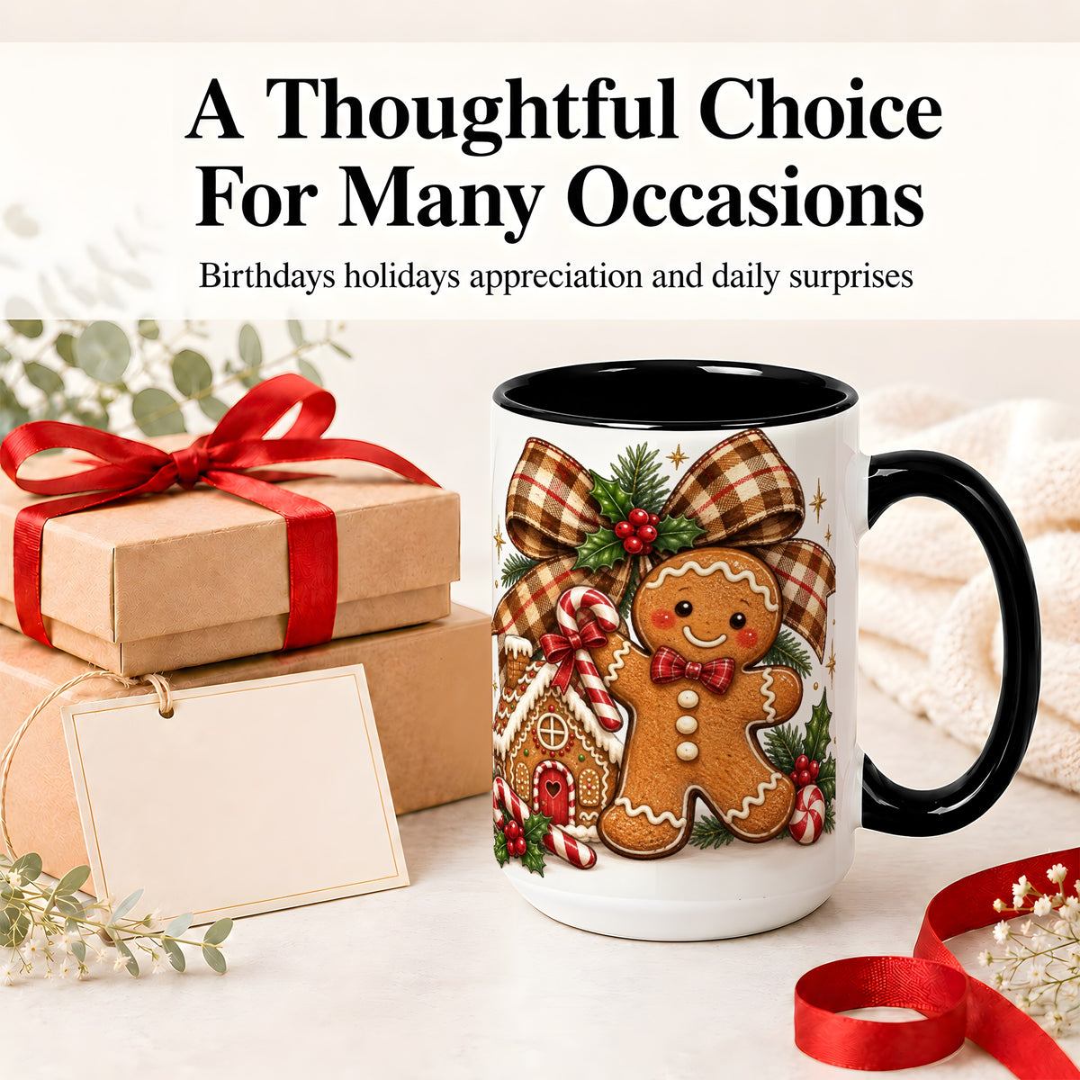 #pl[15oz|Black] Gingerbread Christmas Ceramic Mug, Cookie House Holiday Artwork