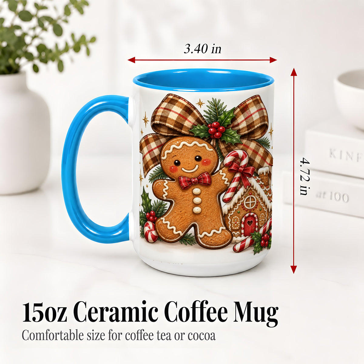 #pl[15oz|Blue] Gingerbread Christmas Ceramic Mug, Cookie House Holiday Artwork