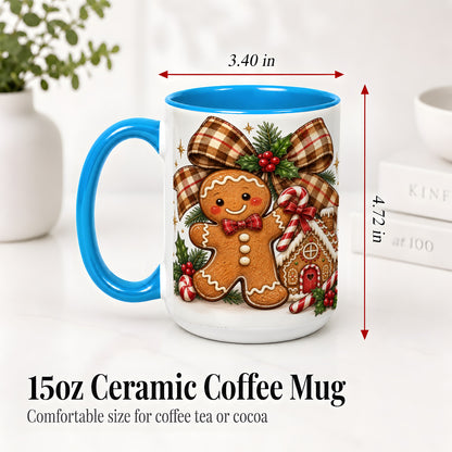 #pl[15oz|Blue] Gingerbread Christmas Ceramic Mug, Cookie House Holiday Artwork