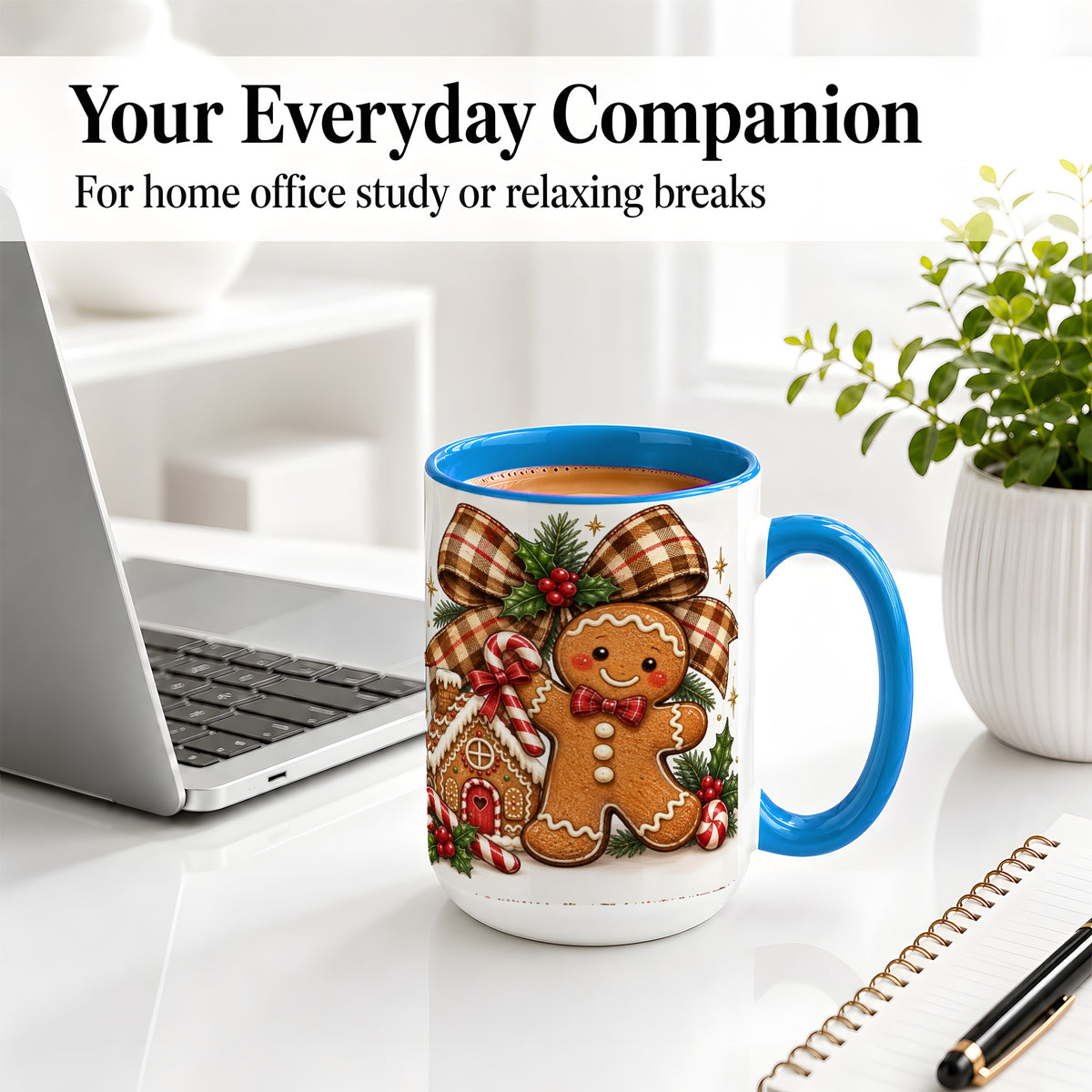 #pl[15oz|Blue] Gingerbread Christmas Ceramic Mug, Cookie House Holiday Artwork