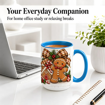 #pl[15oz|Blue] Gingerbread Christmas Ceramic Mug, Cookie House Holiday Artwork