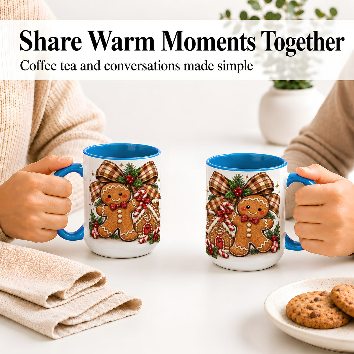 #pl[15oz|Blue] Gingerbread Christmas Ceramic Mug, Cookie House Holiday Artwork